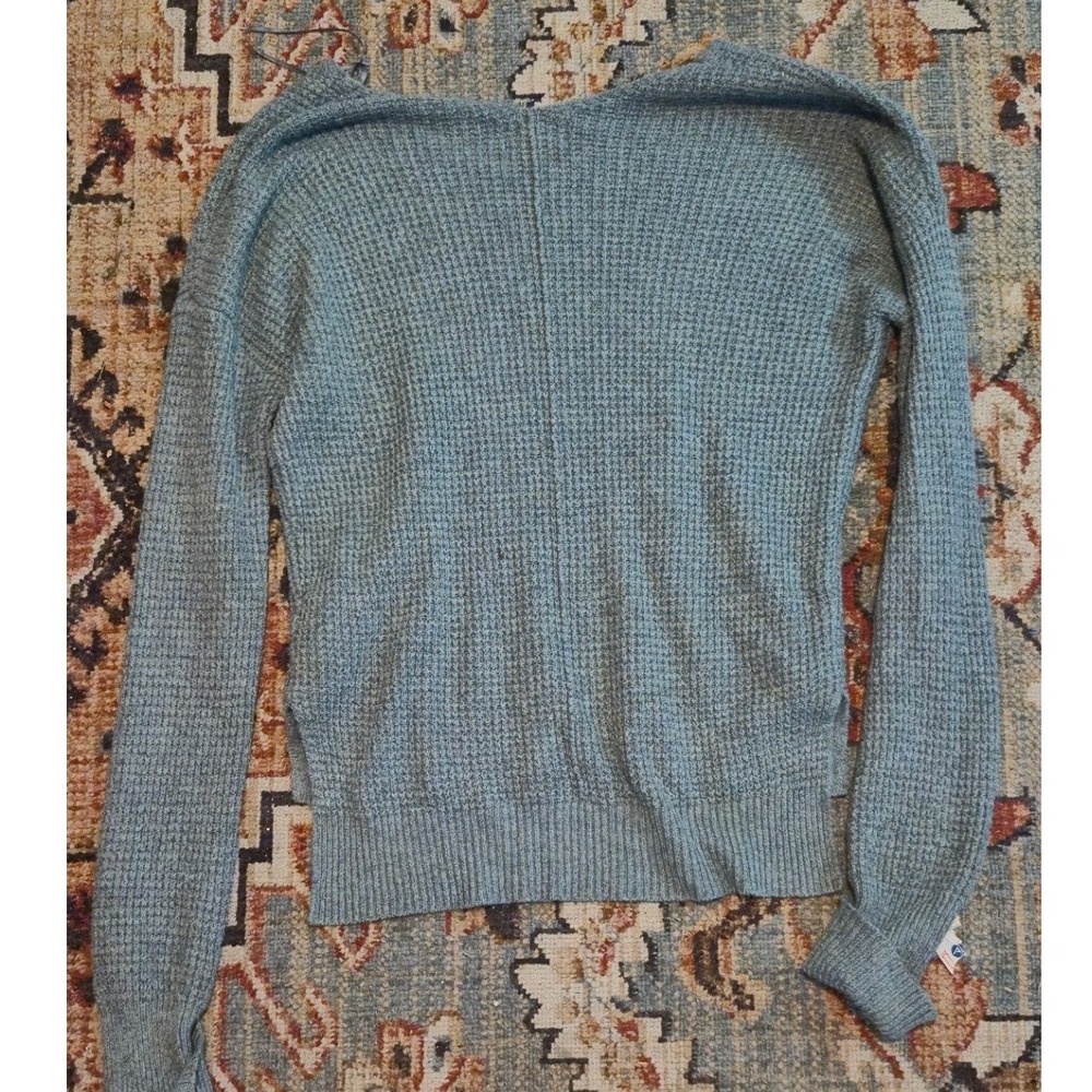 Jessica Simpson Womens Blue Waffle Knit V-Neck Sweater High Low Hem Small - Picture 2 of 4